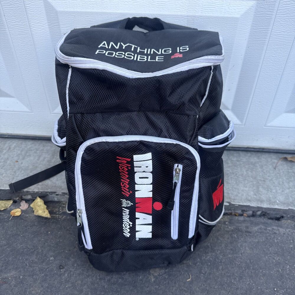IRONMAN Wisconsin Madison Triathlon Training Swim  Backpack Gear Bag Black White